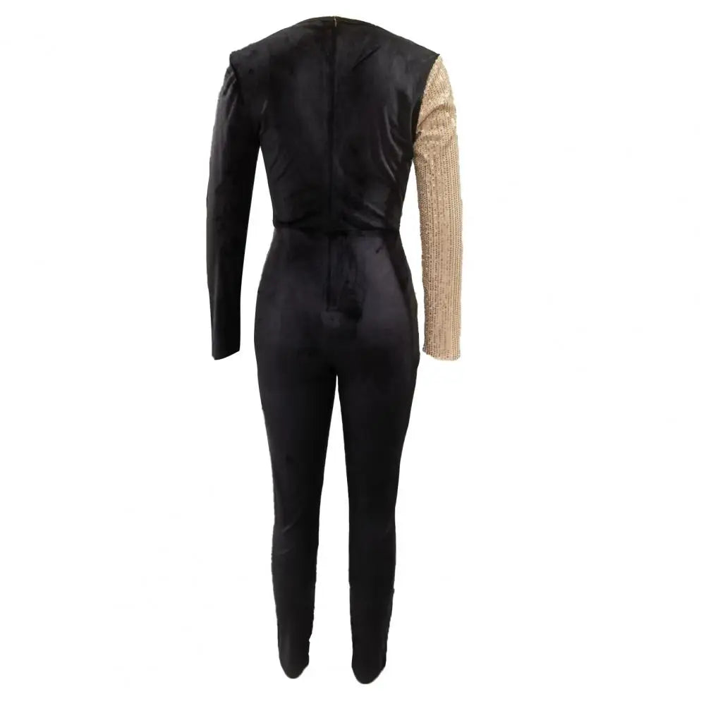 Women Romper Contrast Color Patchwork Soft Asymmetric Formal Long Sleeve Pleated Deep V Neck Shiny Sequin Jumpsuit.  Sz: S-xl