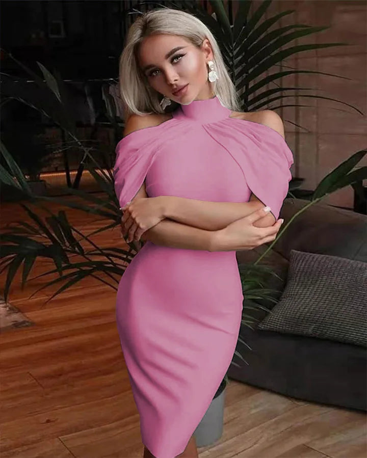 New Solid Colour Slim Midi Halter Neck Off Shoulder Elegant Party Dress.  S-3X