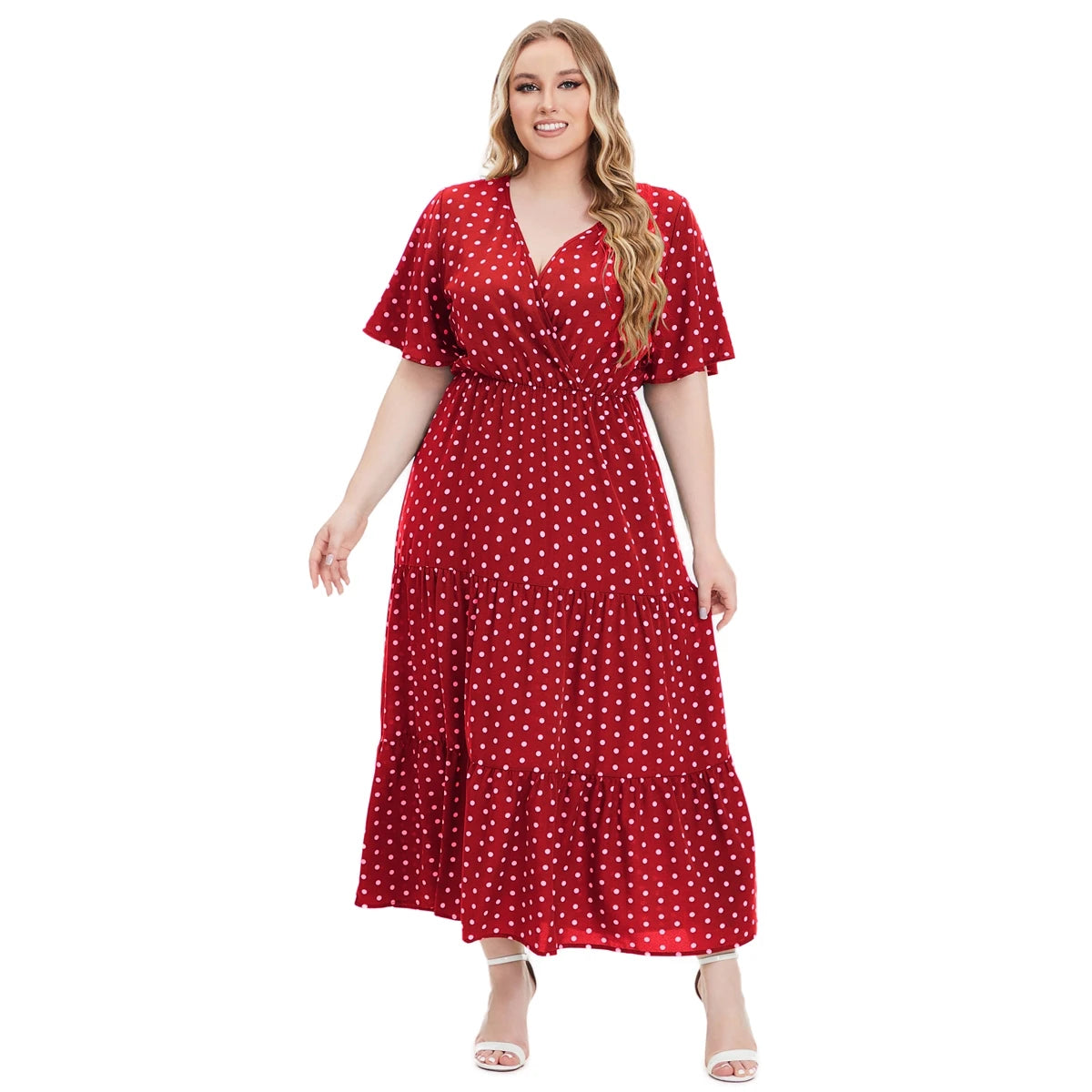 Plus Size New Arrival Fashional Polka Dot Print V Neck Short Sleeve Bohemian Casual Dress