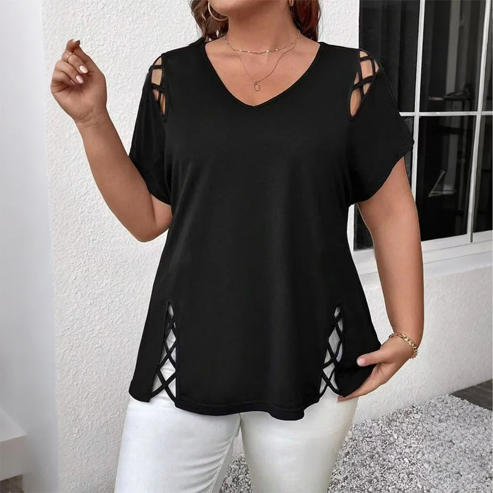 Plus Size Women's Solid Short Sleeve V-Neck Hollow Out Casual Top.
