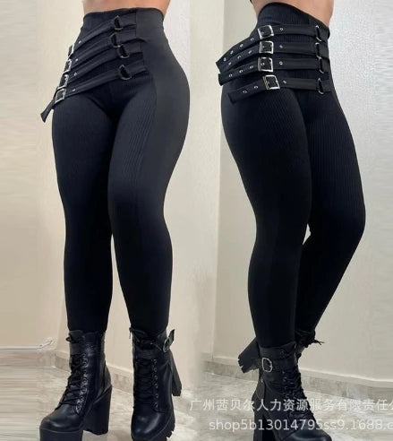 Ladies High Waist Pants  2025 Button Decoration Solid Colour Elegant Hip Lifting Skinny Pants