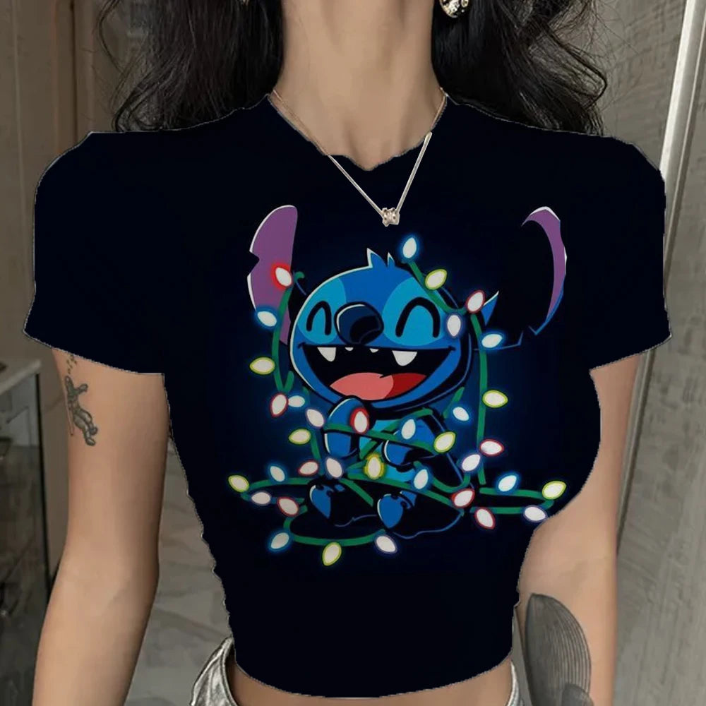 Women Lilo & Stitch Women T-Shirt Slim Crop Top Cartoon Casual Tee Y2k Street Wear .