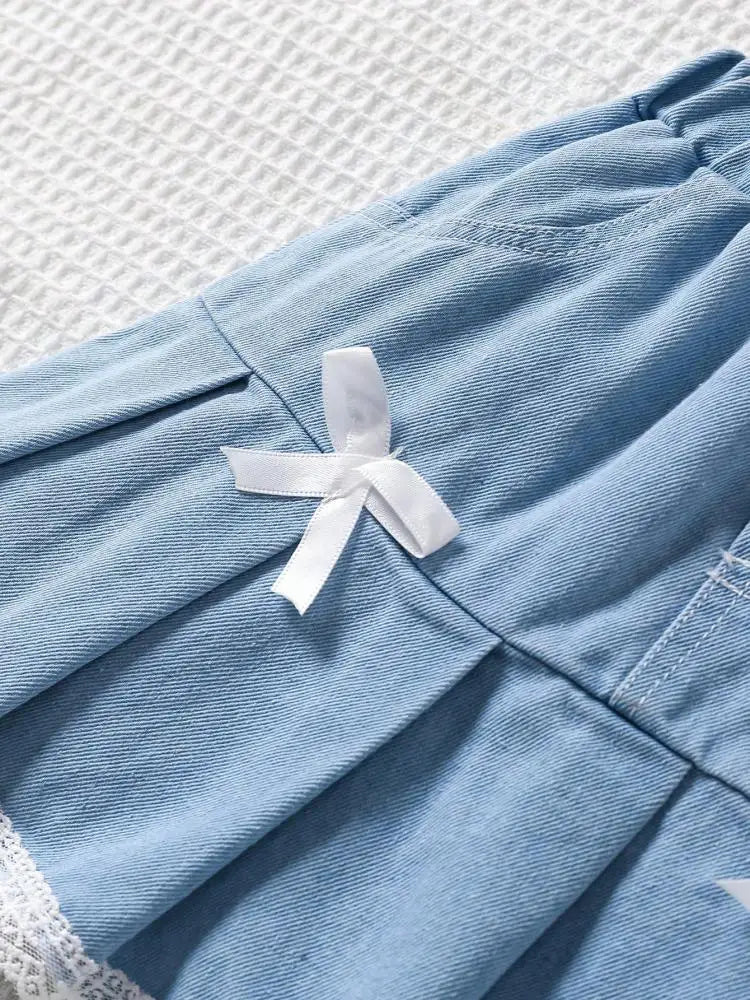 Baby Girl Denim Skirt Everyday  Wear Sweet And Cute With Bow Lace Pleated Girl's Denim Skirt