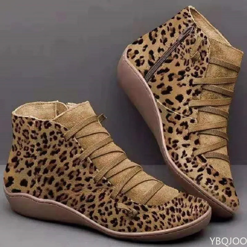 New Women's Ankle Boot/Shoe Casual Leopard Print Wedge Flat Warm Booties
