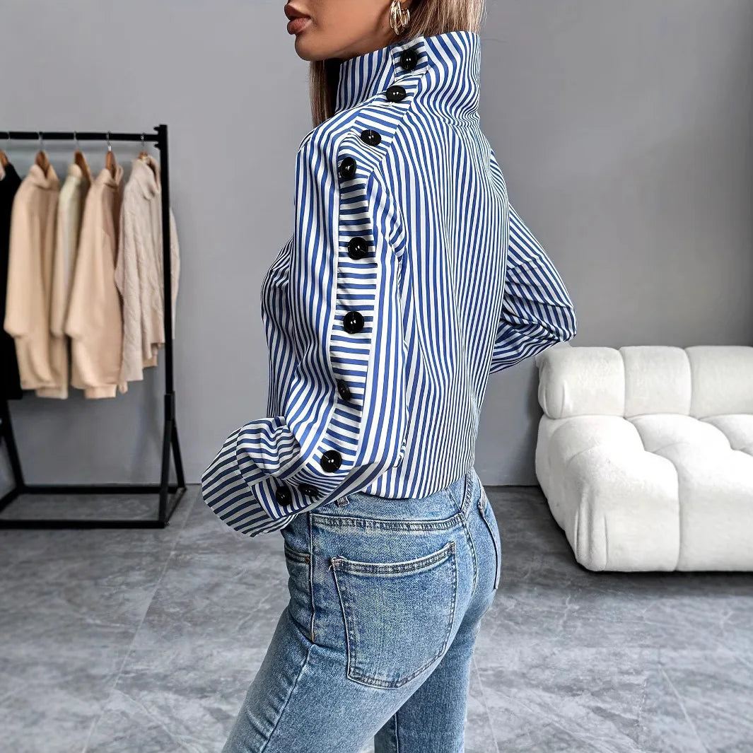 Spring Shirt New Stripe Long Sleeved Top For Women Elegant Woman Blouse .  S-2x
