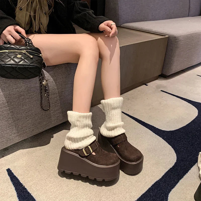 Women High Platform Slides 7CM Wedges Shoe Faux Suede/Leather Casual Chunky Summer Breathable Slip -Ons