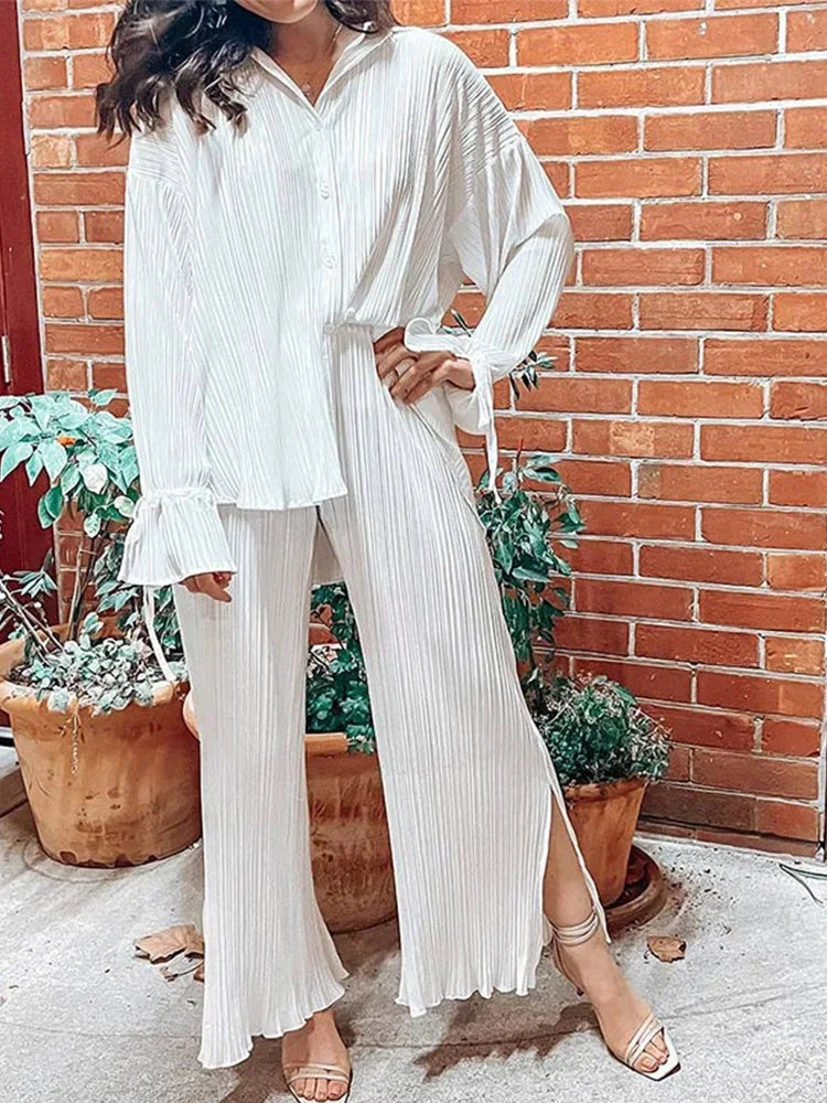 Women Pleated 2 Piece Long Sleeve Blouse And Split Wide Leg Pant Suit.