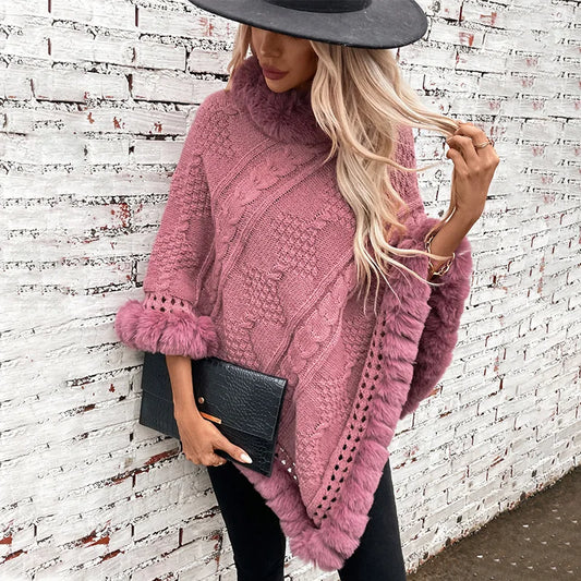 Women's Winter Women's Loose Plus Size Warm Imitation Rabbit Fur Collar Cloak Coarse Dough Twists Sweater Coat