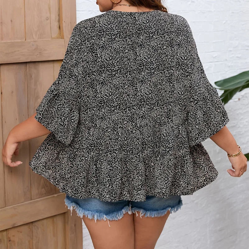 Plus Size Women's Blouse, Printed Round Neck Layered Design Elegant Top.