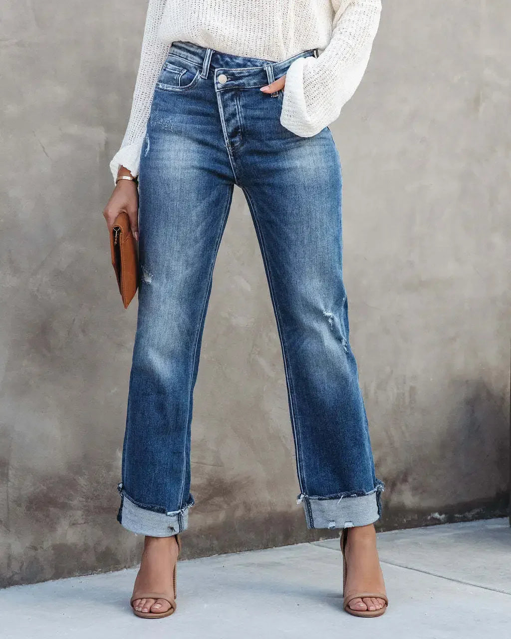 Women Straight Ripped Ankle Length Denim Jeans High Waist Pocket Button Pants.  S-XL