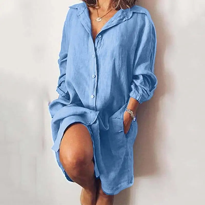 Linen And Cotton Ladies Shirt/Dress, Casual Long Sleeved   S-4xl