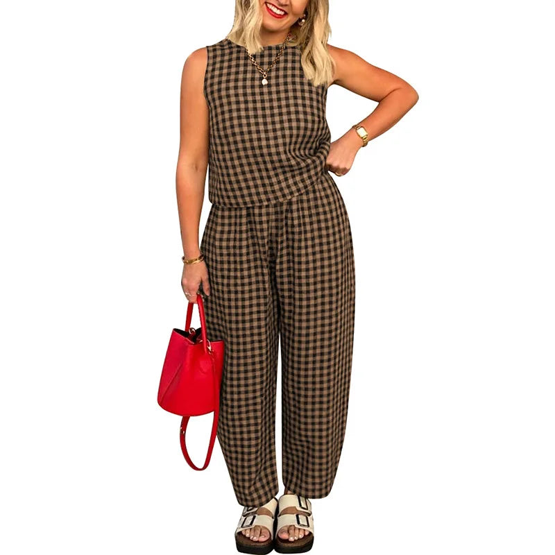 Women Pant Set Fashion Plaid Print Sleeveless Top Loose Pants Two Piece Casual Outfit.  S-2X