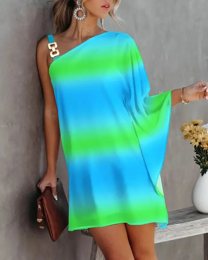 Summer Women's Dress One Line Diagonal Neck Off Shoulder Solid Colour and Metal Strap Bat Sleeve Dress.  S-2X