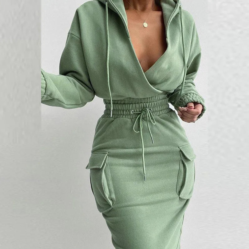 Women's Two Piece Summer Solid Colour Hooded V-neck Top Drawstring waist Dress Set.  S-3XL
