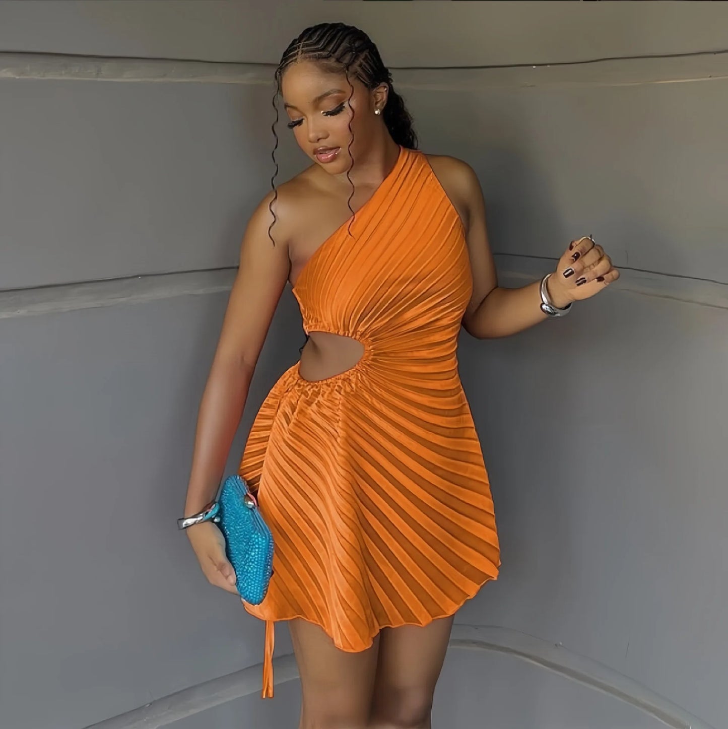Women Pleated One Shoulder Sleeveless Cutout Waist Dress 2025 Evening Sexy Club Party Evening Dress.  S-2xL