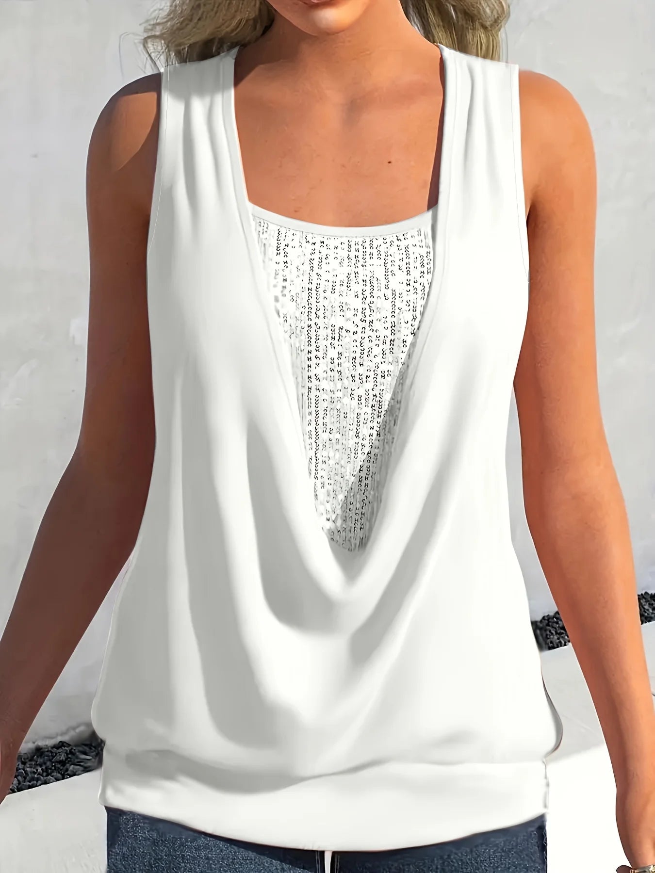 Plus size Sequin sleeveless, round neck, polyester blend, stretch fabric, opaque, perfect for casual outings