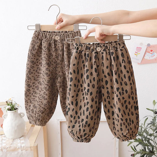 Girls Corduroy Harem Pants 1-8Y - Leopard Floral Print Autumn Winter Casual Pants