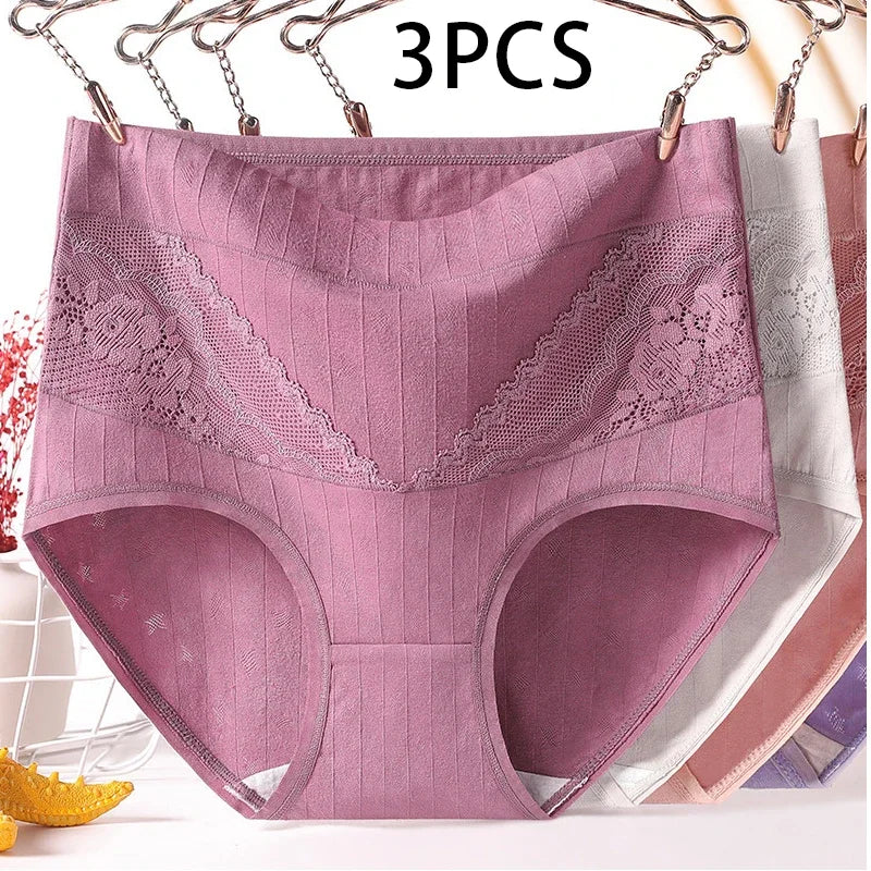 3pcs Curvy Size High Quality Cotton Underwear Lace High Waist Breathable Solid Colour.