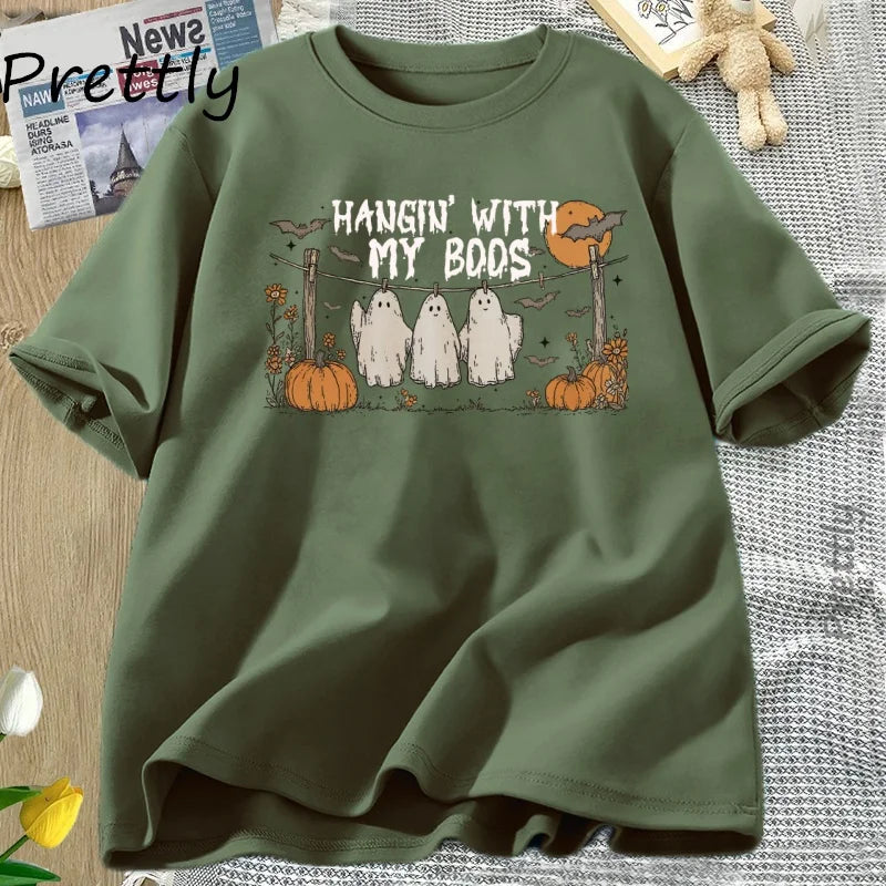 Unisex Funny Hanging Ghosts Halloween T-shirt Boos Cute Pumpkin Bat Casual Cotton Short Sleeve Round Neck Tee .  S-3X
