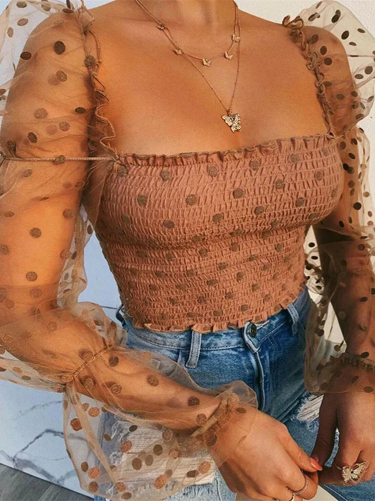 Mesh Puff Long Sleeve Square Neck Crop Top Summer Fall Sexy Blouse .