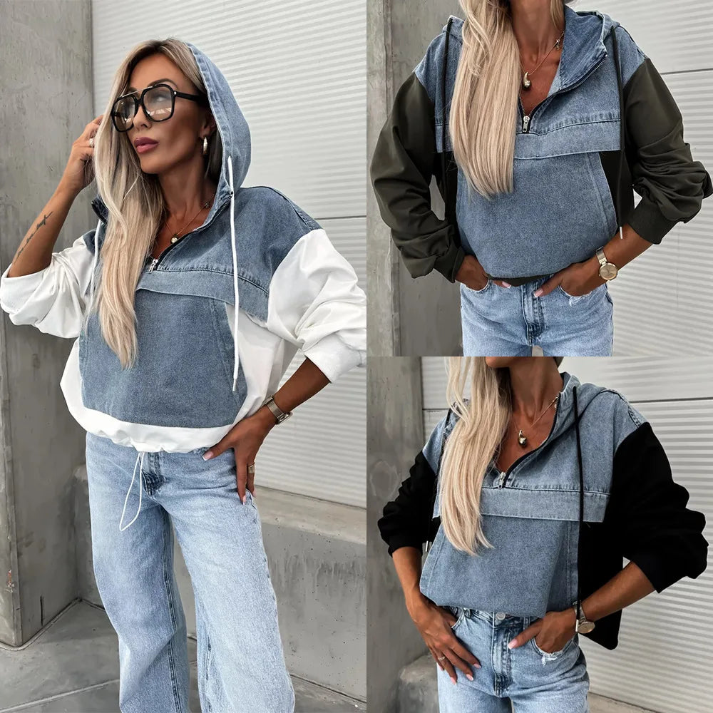 Washed Denim Shirt/ Hoodie Loose Vintage Hooded Pullover Top Patchwork Shirt.  S-XXL