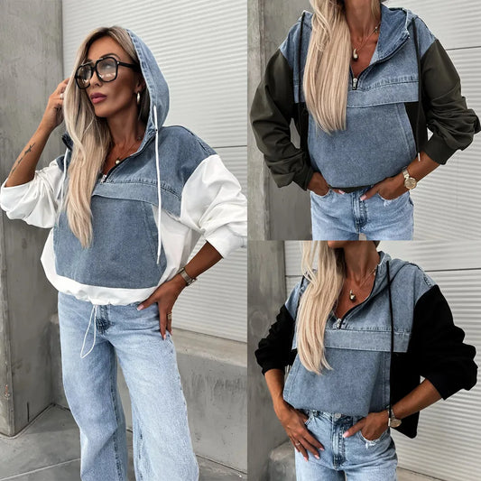 Washed Denim Shirt/ Hoodie Loose Vintage Hooded Pullover Top Patchwork Shirt.  S-XXL