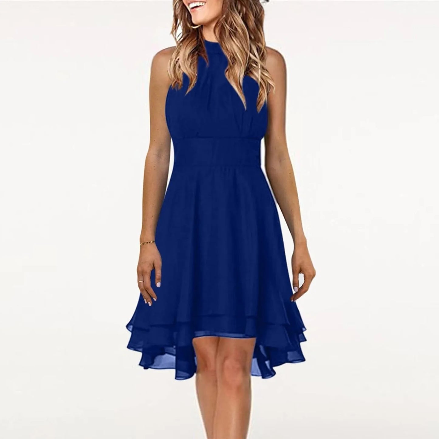Summer Elegant Women Dress High Waist Sexy Layered Solid Halter Casual Sleeveless Party Dress.  S-3X