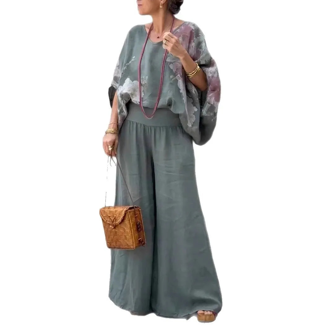 Casual Two Piece Women Spring and Summer Flower Print Short Sleeve Shirt Wide leg Trousers Fashion Suit.  S-3XL
