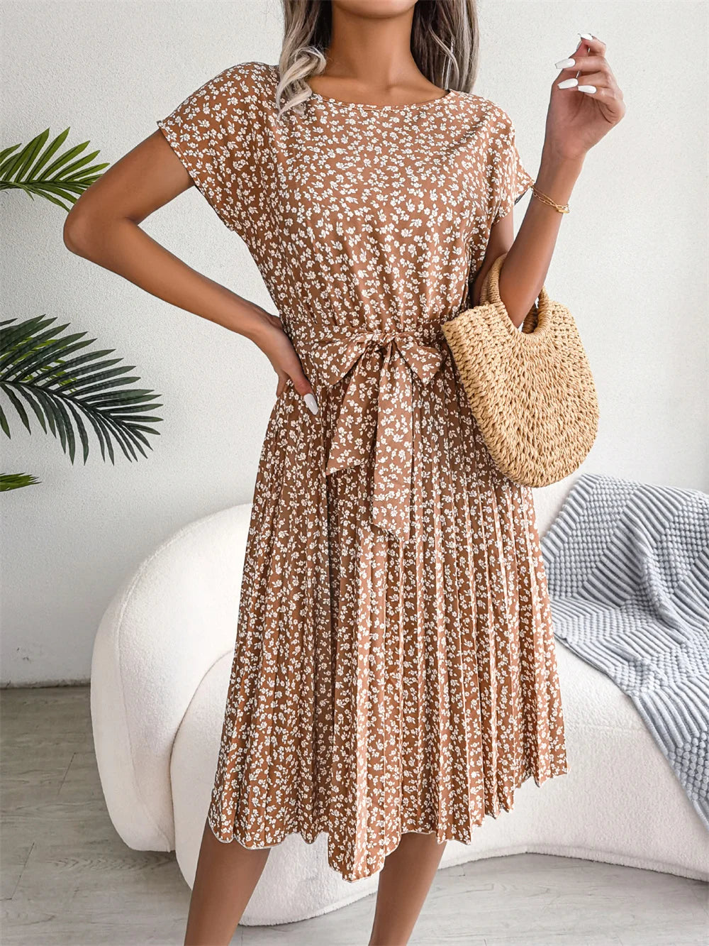 Women Spring Summer Short Sleeve High Waist Fashion Floral Pleated A Line Long Dress.  S-6X