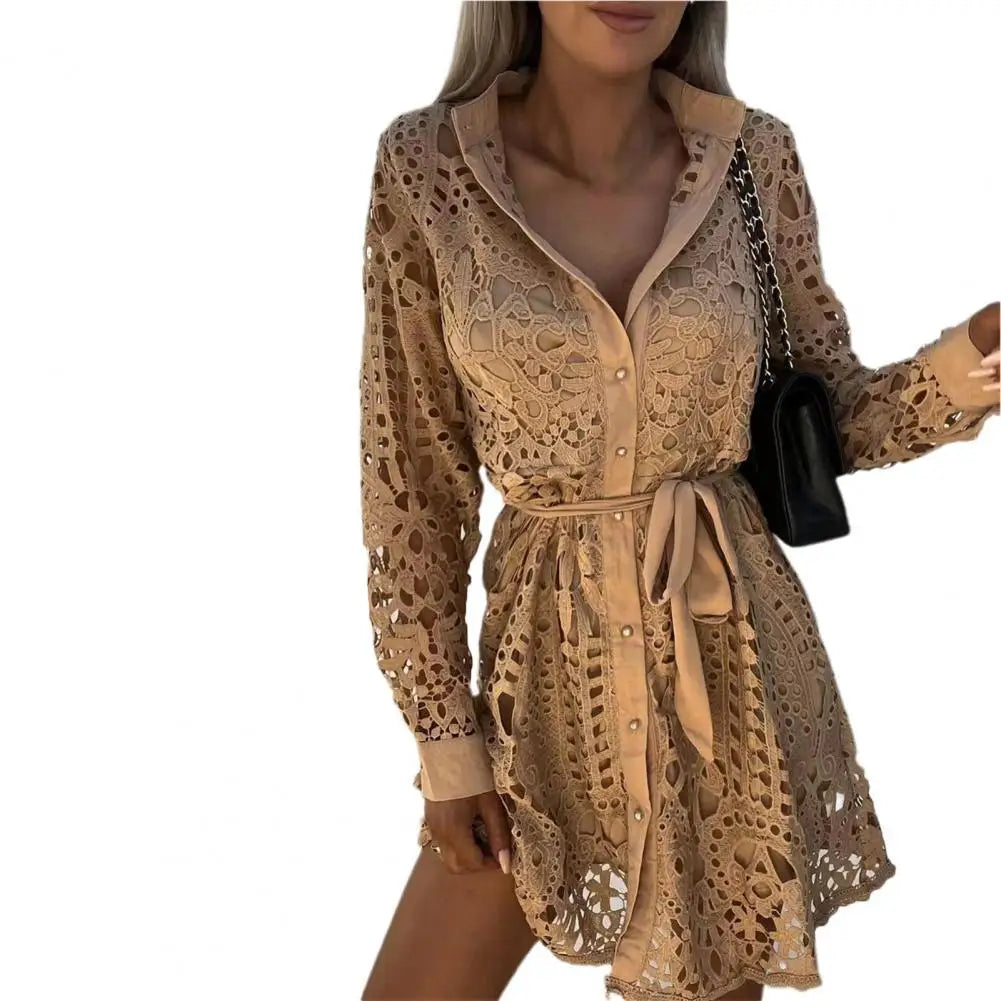 Shirt Dress Elegant Hollow Out Lace Women Spring Turn-down Collar Button Shirt Dress Summer Lace-up Belted Party Dress.  S-3x