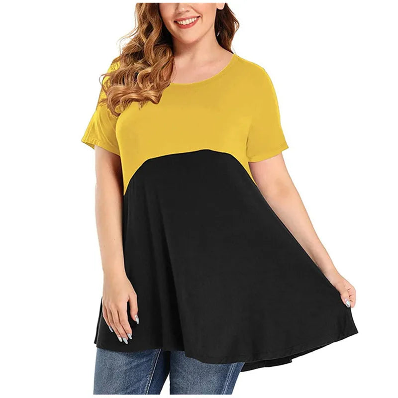 Women Shirt Plus Size Loose Short Sleeve Casual Ladies Contrast Colour Shirt.