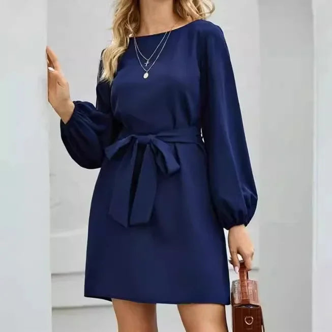 Hot Sale Of The Season New Women's High Waist Midi Dress Pure Color Slimming Commute Friendly Overhead Design Long Sleeve round