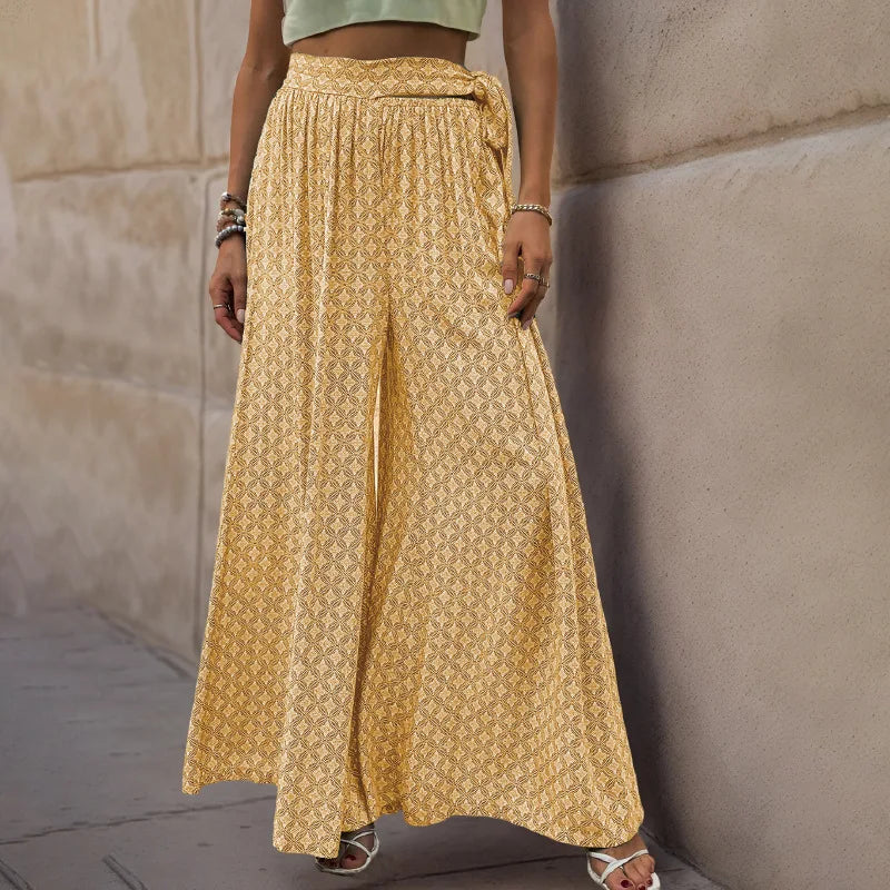 New Ladies Wide-leg  Lace-up High-waist Casual Printed Trousers