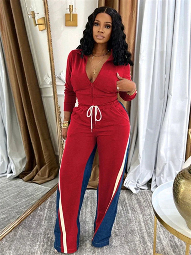Streetwear Colorblock 2 Piece Sets Women Outfit Women Zip Top Pant Set Casual Tracksuits Set.  S-2X
