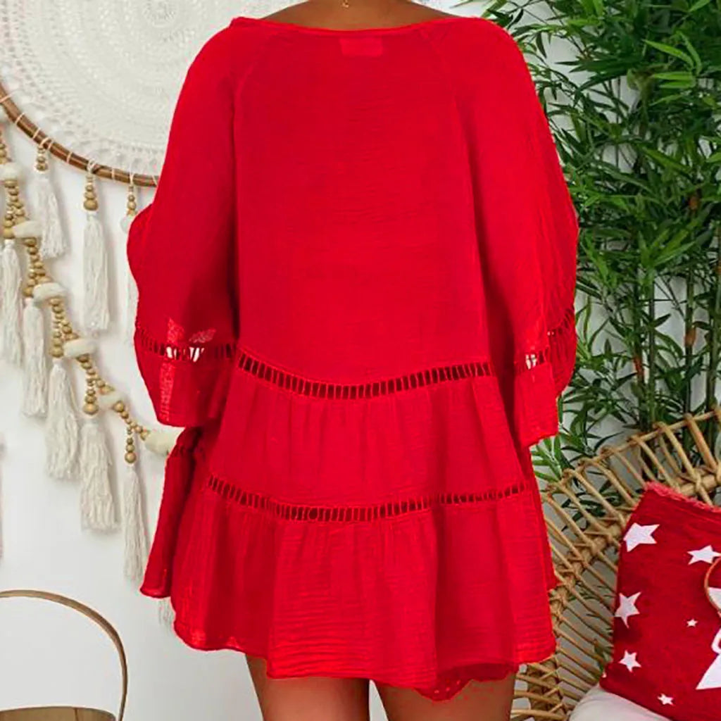 Sexy Loose Hollow Out Dress/Top Summer V Neck Cotton Linen Baggy Dress/Top Oversized S-5XL