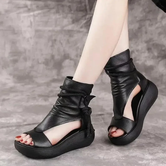 Ladies Vintage PU Leather Cool Shoe/Sandals Summer Mid Heel Comfortable Wedge Shoe