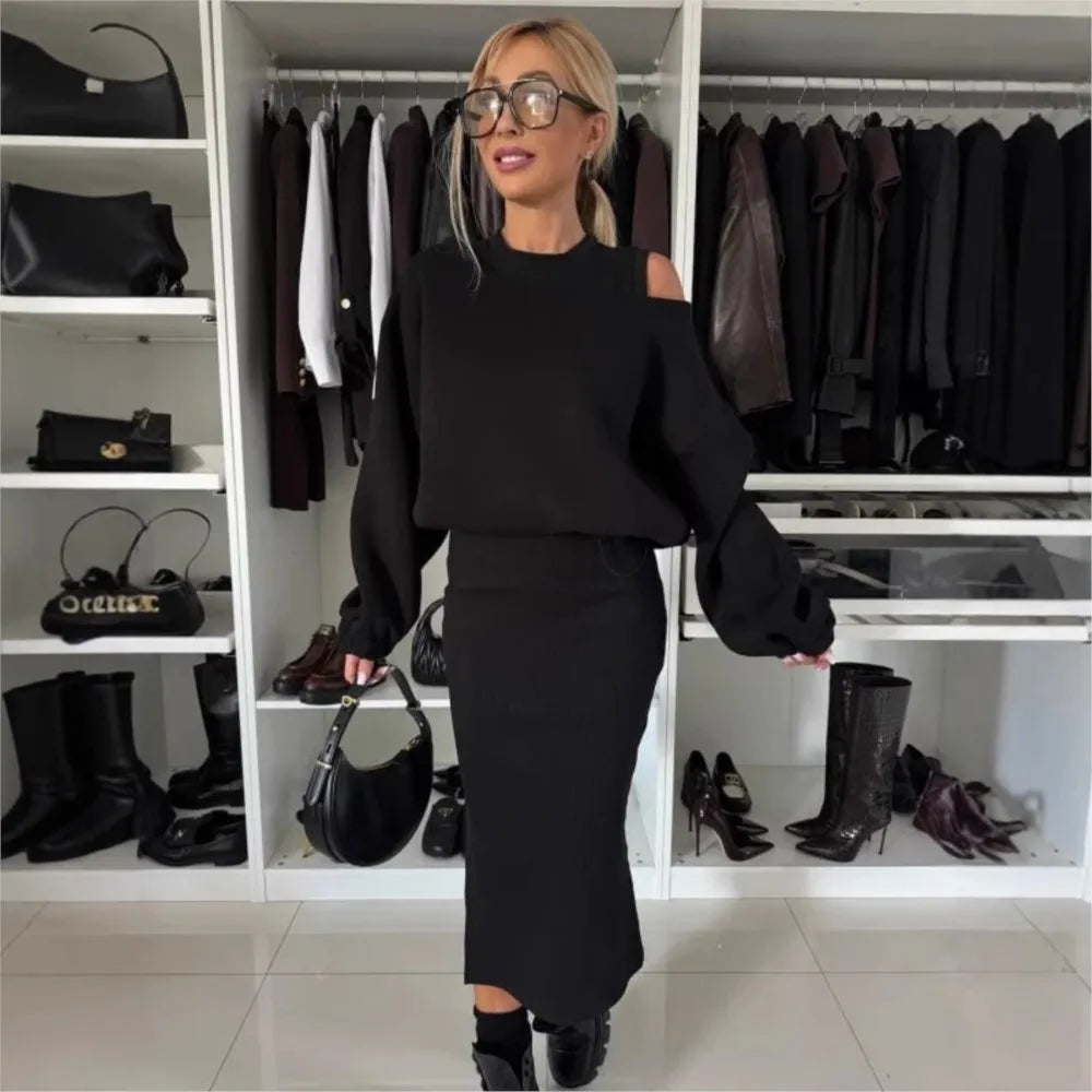 New Dress With Sweatshirt Two Piece Sets Women Fashion Solid Lantern Sleeve Pullover Top Outfit Tank Dress .  S-XL