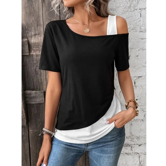 Chic Color Blocking Short Sleeved Women Solid Colour Off Shoulder Summer Casual Top.  S-3x