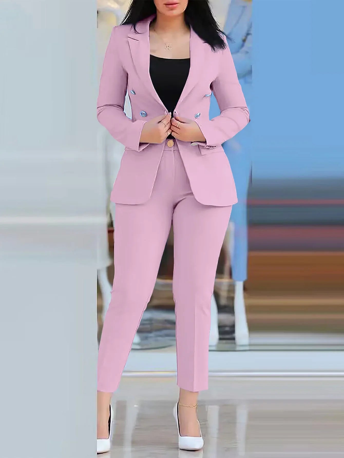 2pcs Women Clothing Set Long Sleeve Blazer Jacket & High Waist Pencil Pants Solid Colour