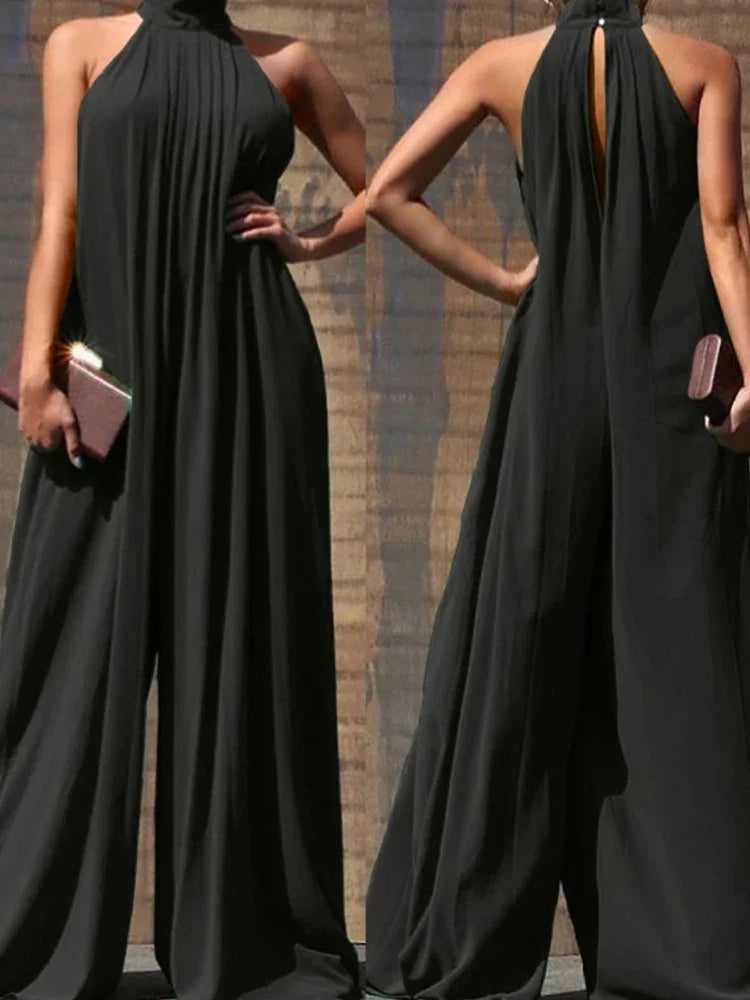 Women High Neck Sleeveless Wide Leg Jumpsuit