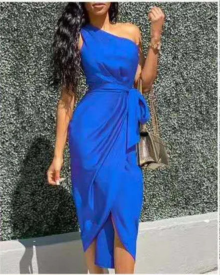 2025 Summer Women Sexy One Shoulder Satin Asymmetrical Ruched Midi Party Dress.
