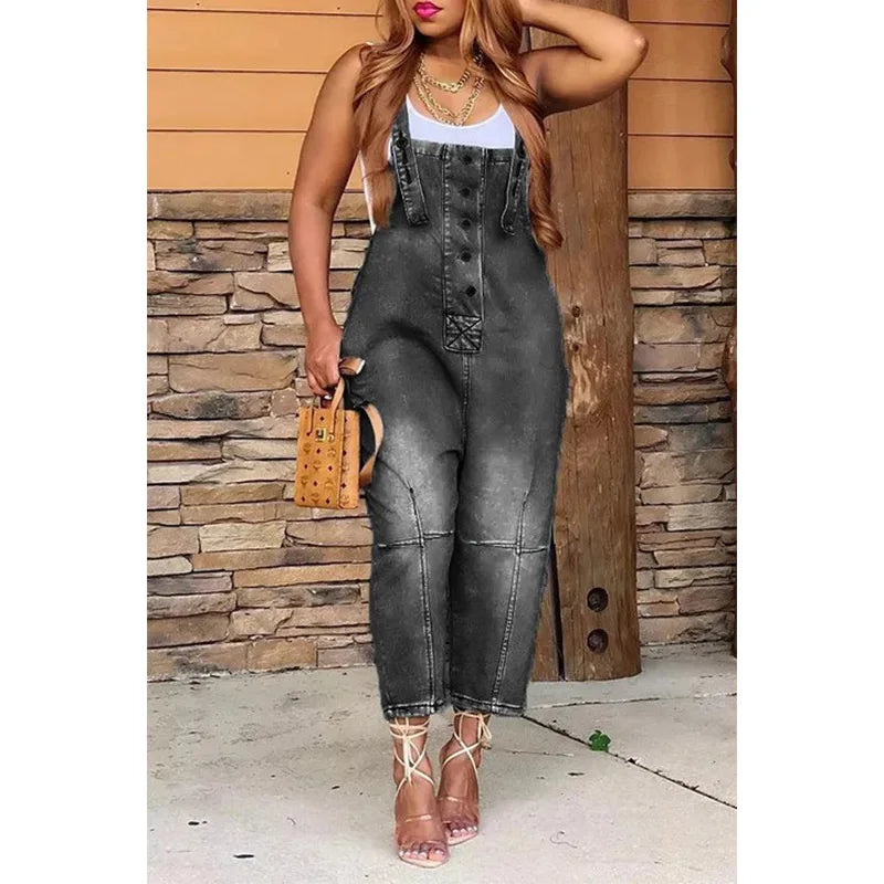 Women One Piece Denim Overalls Sleeveless Straight Romper Casual  Ladies Jumpsuit.  S-3X