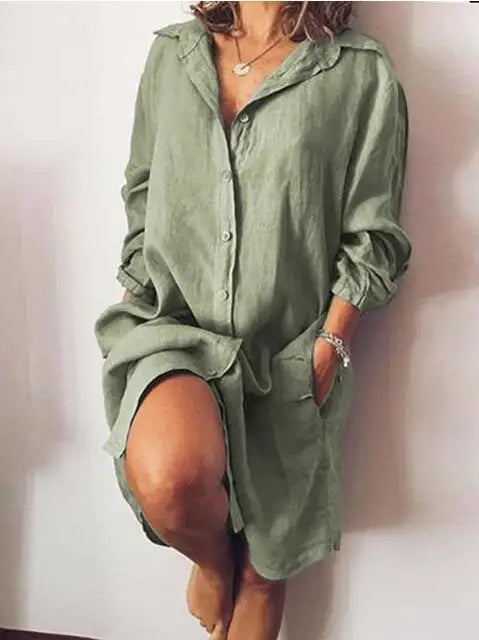 Linen And Cotton Ladies Shirt/Dress, Casual Long Sleeved   S-4xl