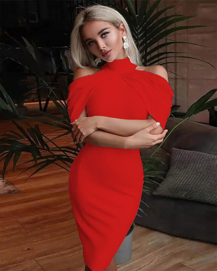New Solid Colour Slim Midi Halter Neck Off Shoulder Elegant Party Dress.  S-3X