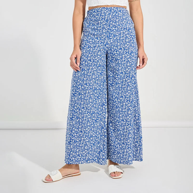 Plus Size Women's Floral Print Trousers Elastic Waist Loose Wide Leg.