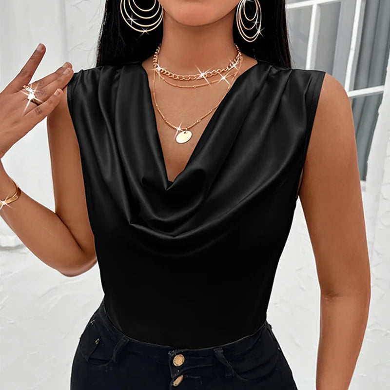 Basic Women Silk-Like Satin Top Summer Sexy Cowl Neck Top.  S-xxL