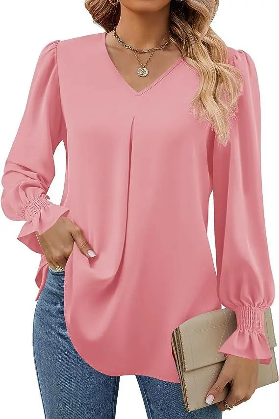 Women's Solid Colour Chiffon Shirt V-neck Long Sleeved Top Elegant Loose Blouse.  S-2X