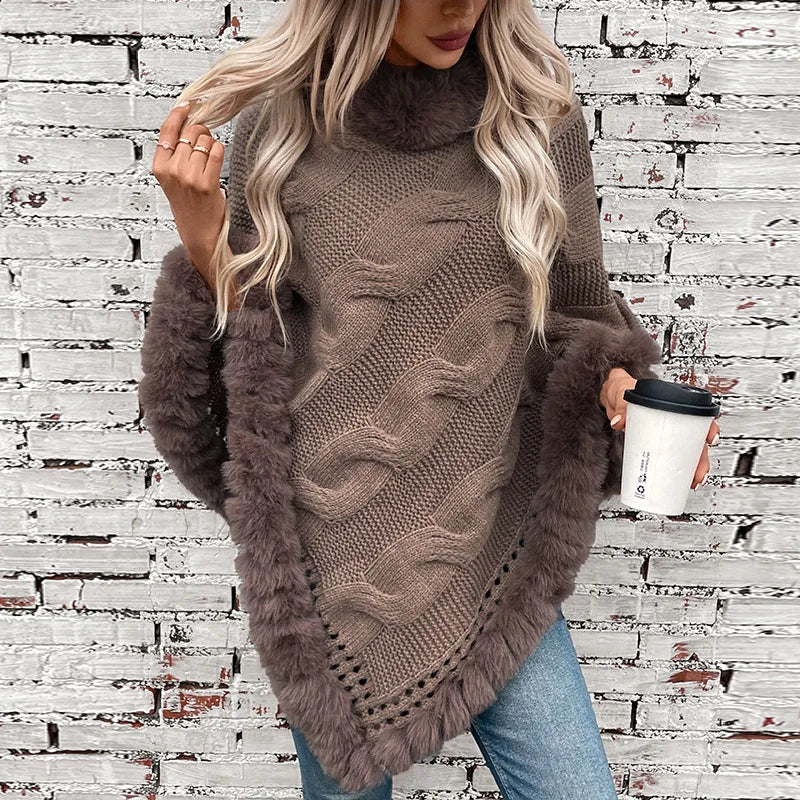 Women Sweater Pullover Fur Collar Cloak Twist Knitted Thick Elegant Splice Autumn Winter Irregularity Poncho