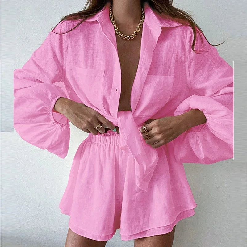 2025 Women's Summer 2-Piece Outfit Long Sleeve Button-Down Loose Blouse And Shorts Comfortable Style.  S-3xL