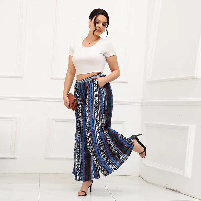 Women's plus size fashion trend wide-leg pants striped blue elastic waist pants